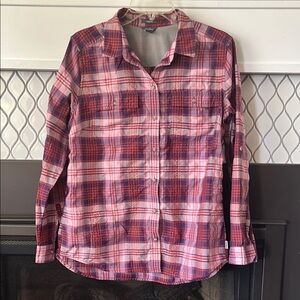 Eddie Bauer Pink and Purple Plaid Outdoorsy Shirt with hidden pocket